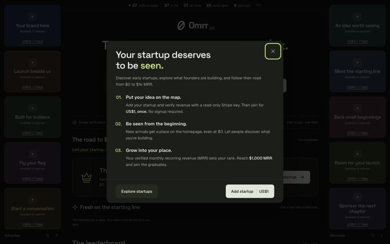 0mrr — The leaderboard for your first $1k — screenshot