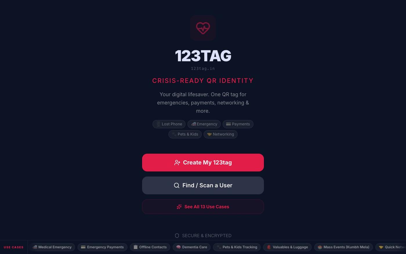 123tag | Crisis-Ready Emergency QR Identity — 123tag.in — screenshot