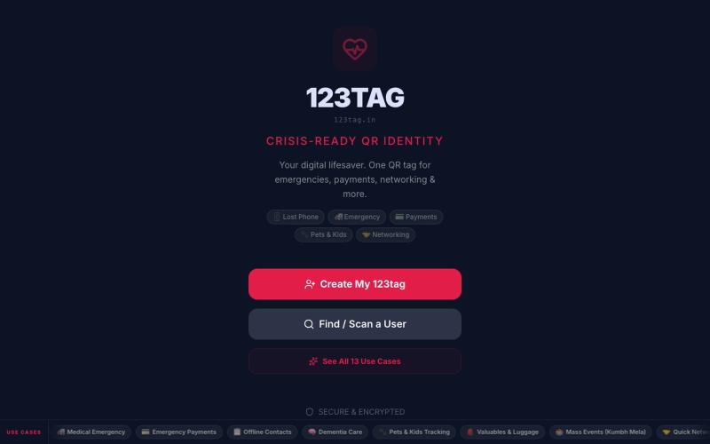 123tag | Crisis-Ready Emergency QR Identity — 123tag.in — screenshot