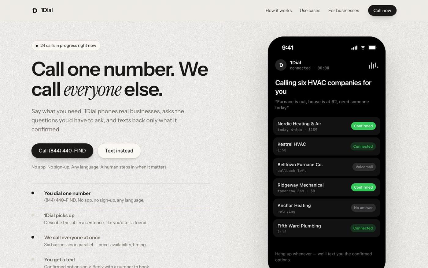 1Dial | AI Phone Concierge for Real-World Tasks — screenshot