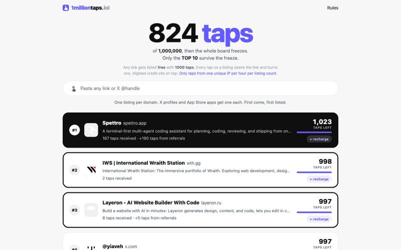 1 million taps. Every tap counts down · 1milliontaps.lol — screenshot