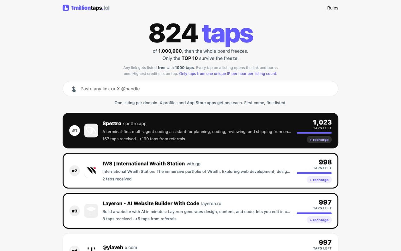 1 million taps. Every tap counts down · 1milliontaps.lol — screenshot