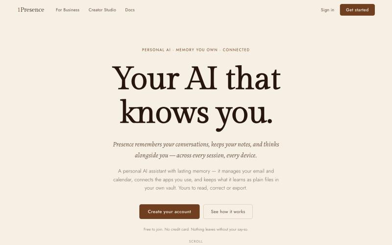 Personal AI assistant with memory · 1Presence — screenshot
