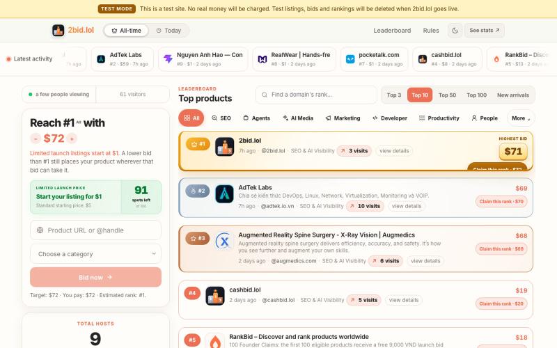 2bid.lol — Bid to rank your product worldwide — screenshot