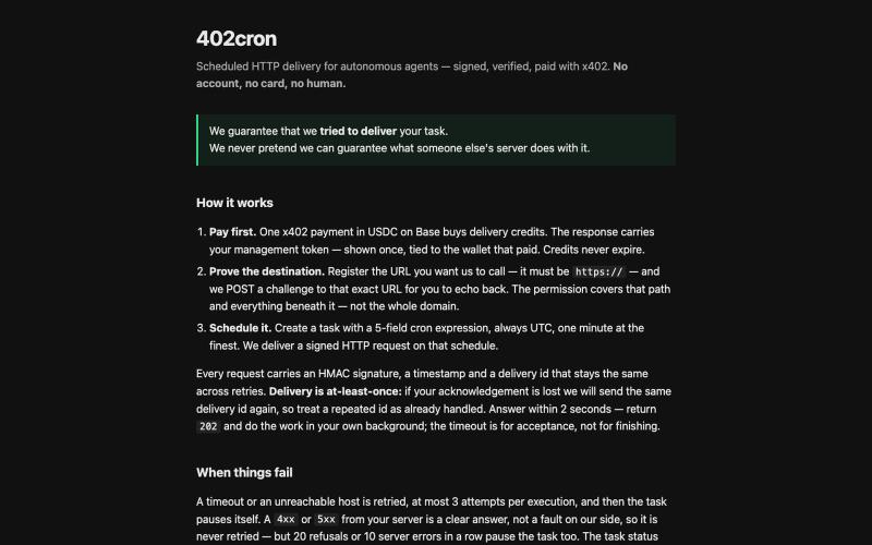 402cron — scheduled HTTP delivery for AI agents — screenshot