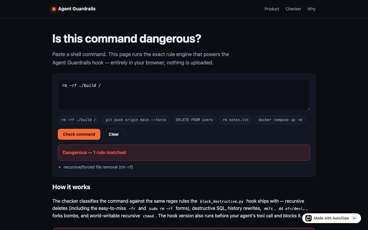 Dangerous Bash Command Checker — Agent Guardrails — screenshot