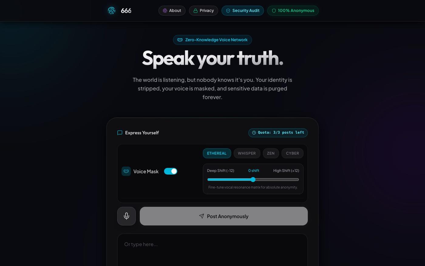 666 | Anonymous Voice Venting & Confessions (Zero Identity Safe Space) — screenshot