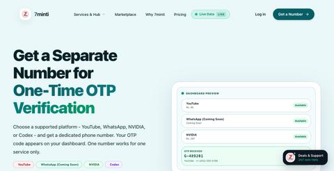 Buy US & UK Number for YouTube Verification | 7minti — screenshot