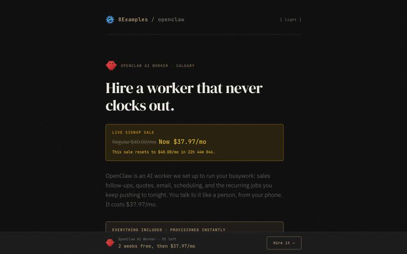 OpenClaw AI Worker | $40/month | 8Examples Inc. — screenshot