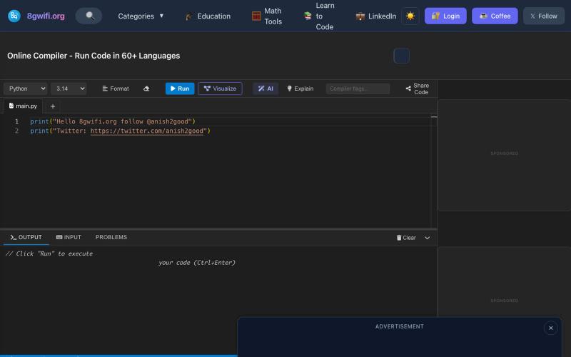 AI-Powered Online Compiler & IDE - Run Code... | 8gwifi.org — screenshot