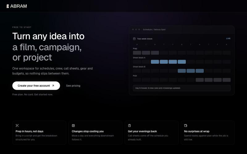 Get Started Free: Production Management in One Workspace | ABRAM Network — screenshot