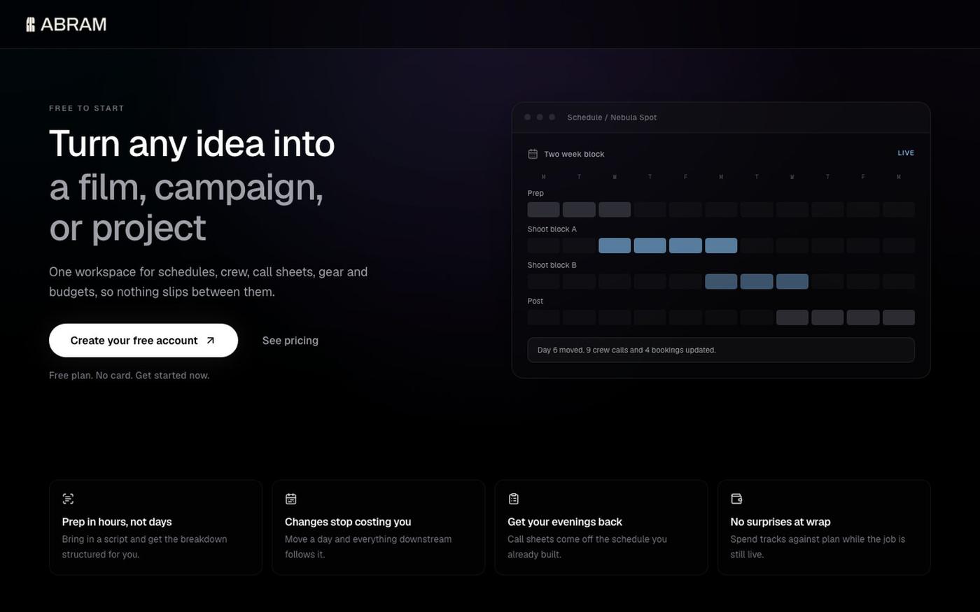 Get Started Free: Production Management in One Workspace | ABRAM Network — screenshot