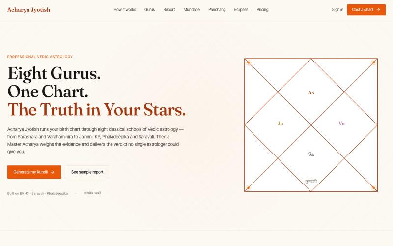 Acharya Jyotish — Professional Vedic Astrology, Eight Gurus, One Verdict — screenshot