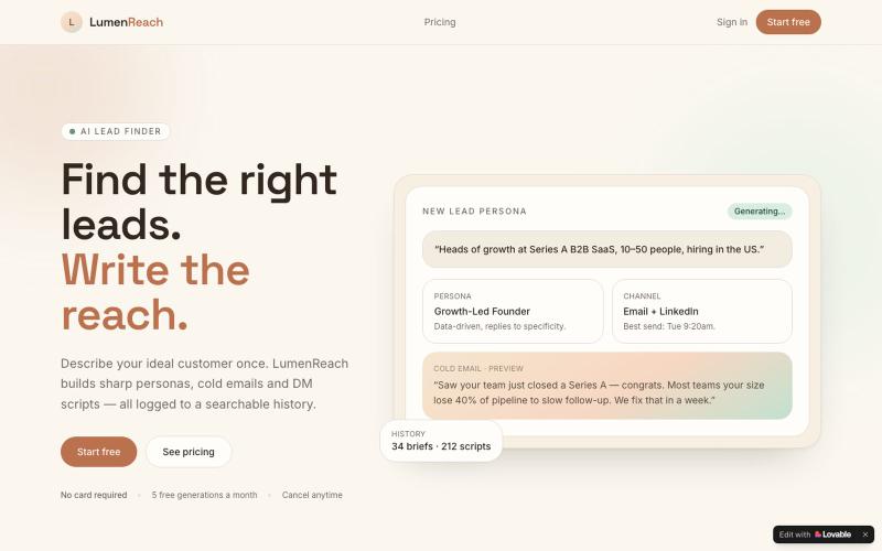 LumenReach — AI lead finder & cold outreach writer — screenshot