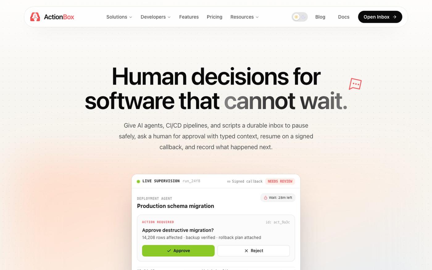 Actionbox - The human decision layer for autonomous software — screenshot