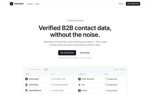 Adamlead — Verified B2B contact data · Adamlead — screenshot