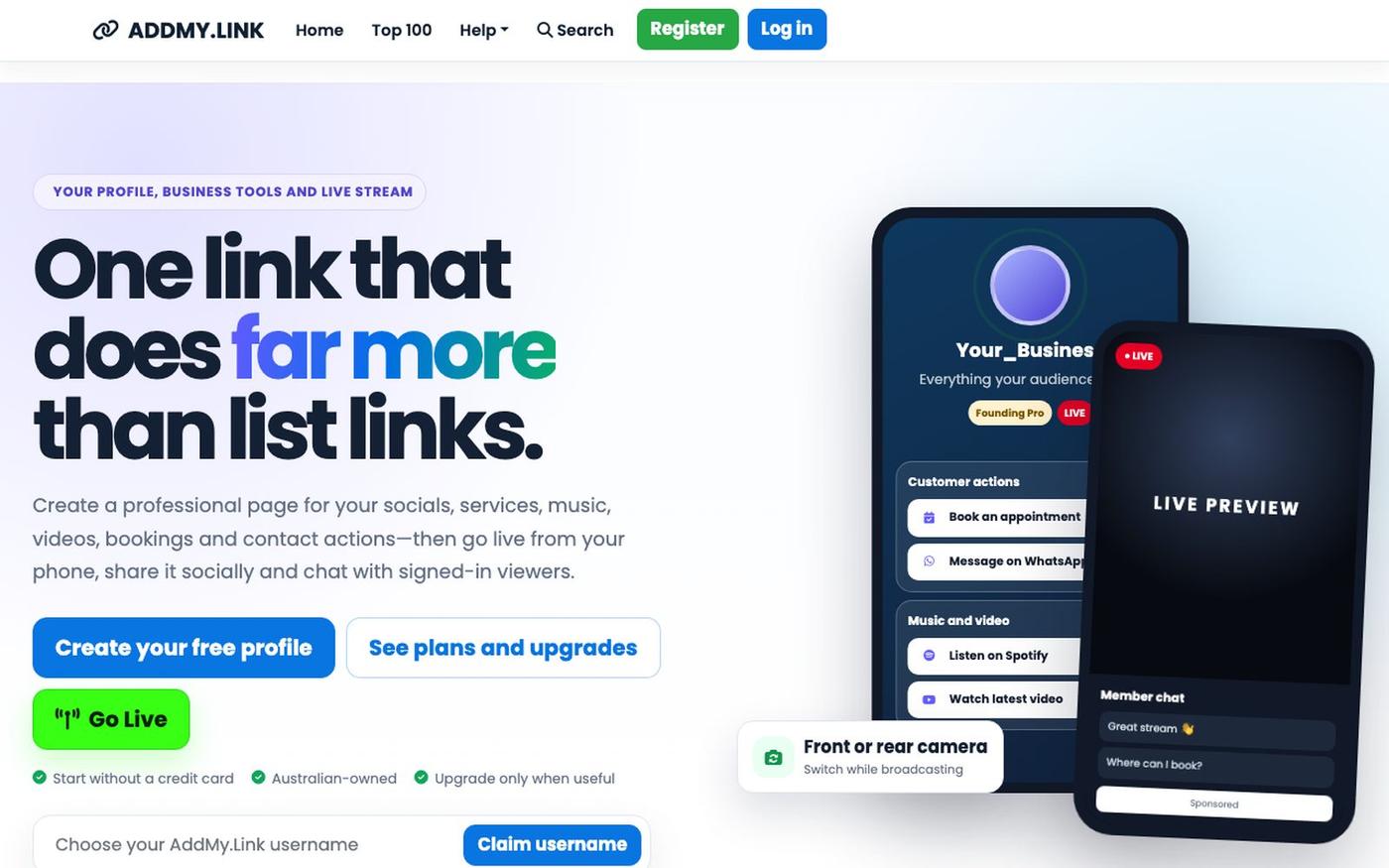 AddMy.Link - Link-in-Bio Profiles, Business Tools, Media and Live Streaming — screenshot