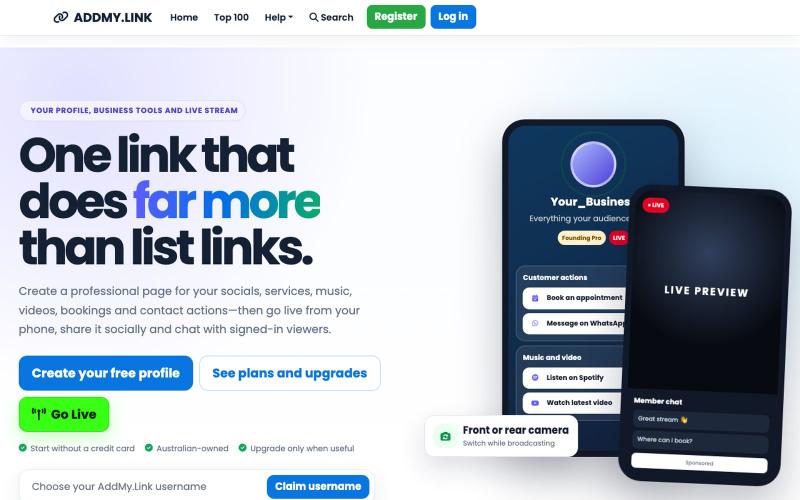 AddMy.Link - Link-in-Bio Profiles, Business Tools, Media and Live Streaming — screenshot