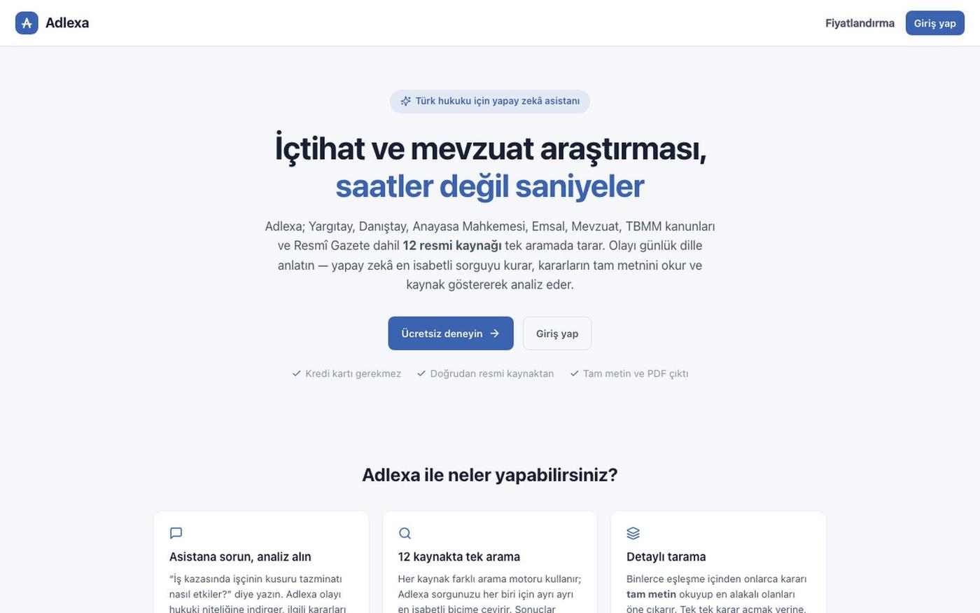 Adlexa — Yapay zekâ destekli içtihat ve mevzuat araştırması — screenshot