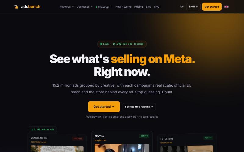 Ads Bench · Descubra o que está vendendo no Meta. Agora. — screenshot