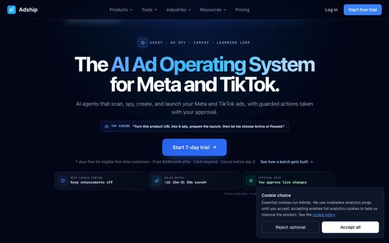 Adship: The AI Ad Operating System for Meta and TikTok — screenshot