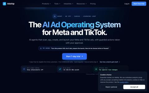 Adship: The AI Ad Operating System for Meta and TikTok — screenshot