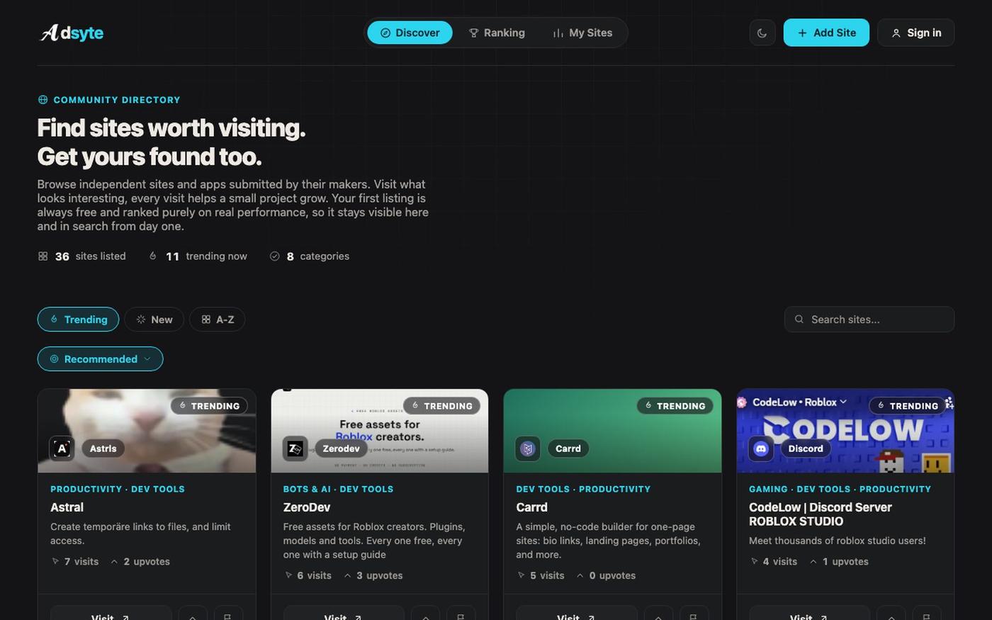 Adsyte: Discover and promote sites — screenshot