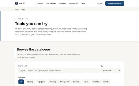 Tools | AffixIO public demos for MOT check, UCAS points, fuel prices and more — screenshot