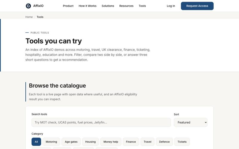 Tools | AffixIO public demos for MOT check, UCAS points, fuel prices and more — screenshot