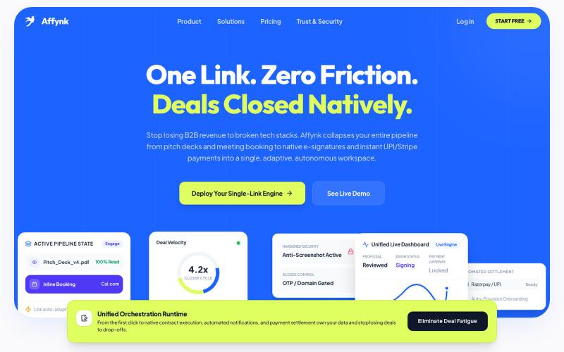 Affynk | One Link: Pitch, Book, Sign, Get Paid, Onboard — screenshot