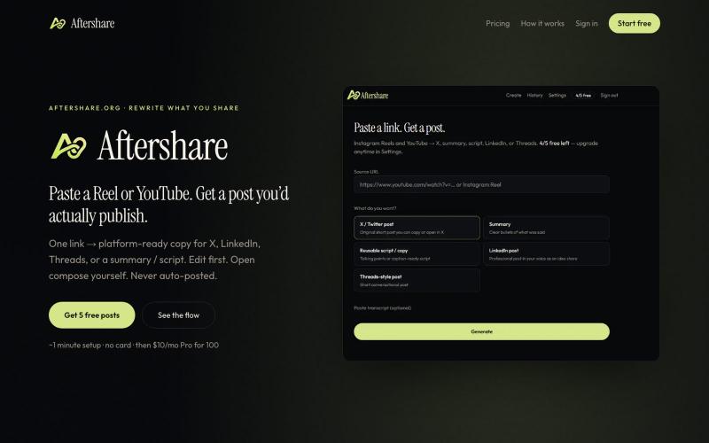 Aftershare — Paste a Reel, get a post — screenshot