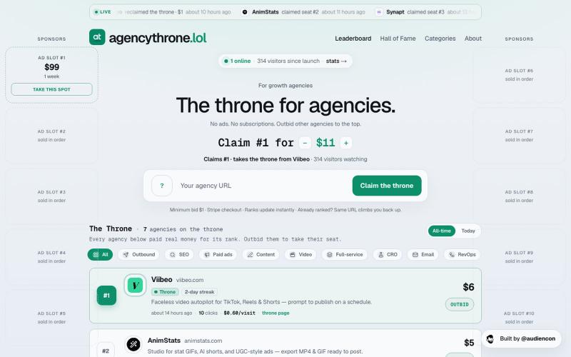 AgencyThrone — All-time pay-to-rank agency board — screenshot
