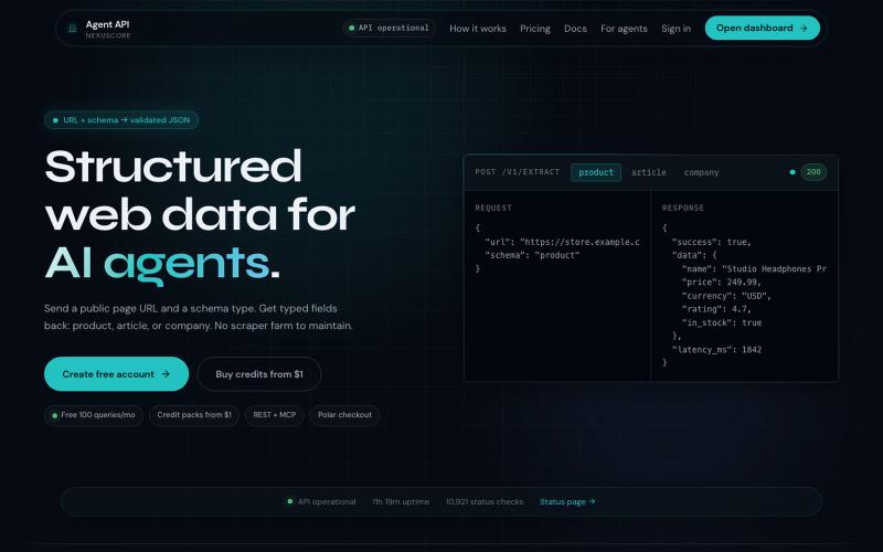 Agent API Gateway by NexusCore — Structured web data for AI agents — screenshot