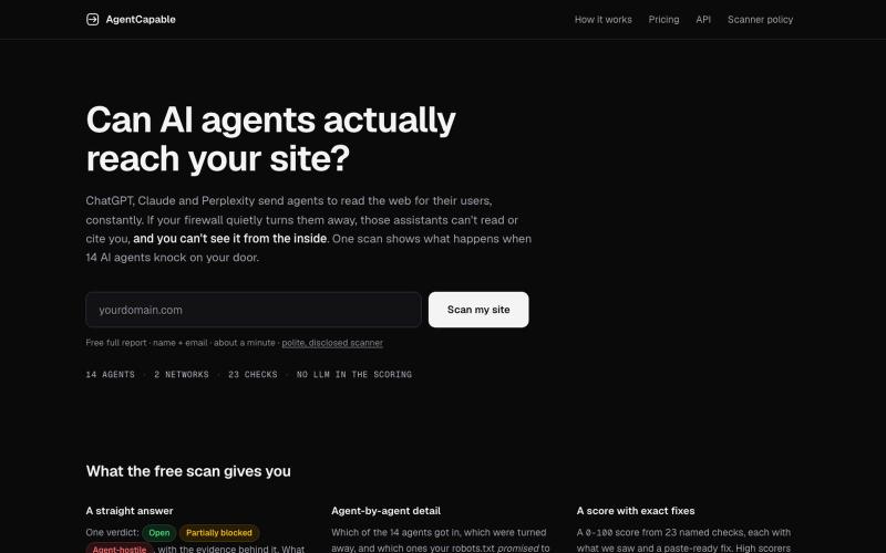 AgentCapable: can AI agents reach your site? — screenshot