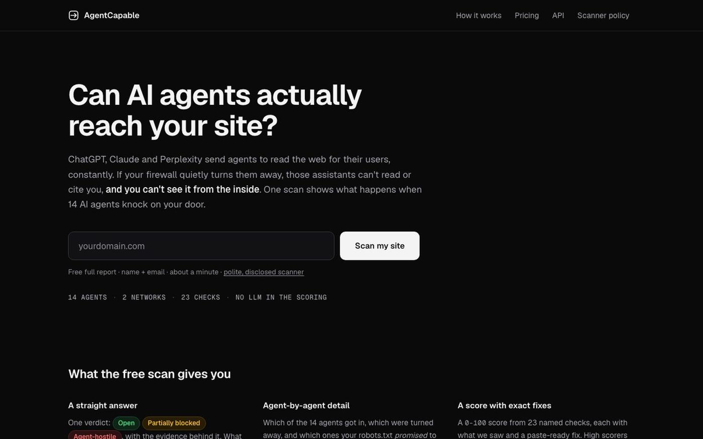 AgentCapable: can AI agents reach your site? — screenshot