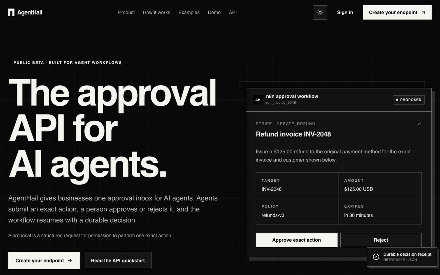 AgentHail — Approval API for AI Agents — screenshot