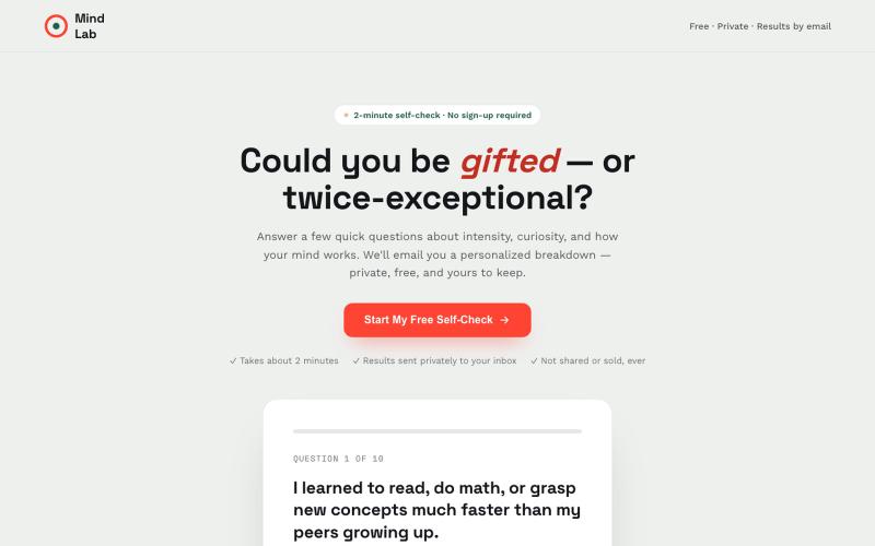 Giftedness / Twice-Exceptional (2e) Self-Check — Free 2-Minute Test, Results by — screenshot