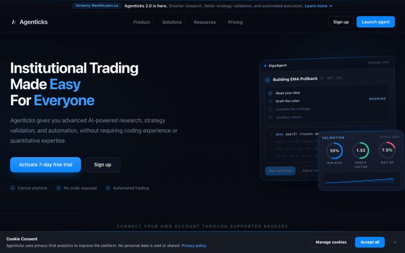 Agenticks | AI Backtesting, Stock Research and Trading Automation Tools — screenshot
