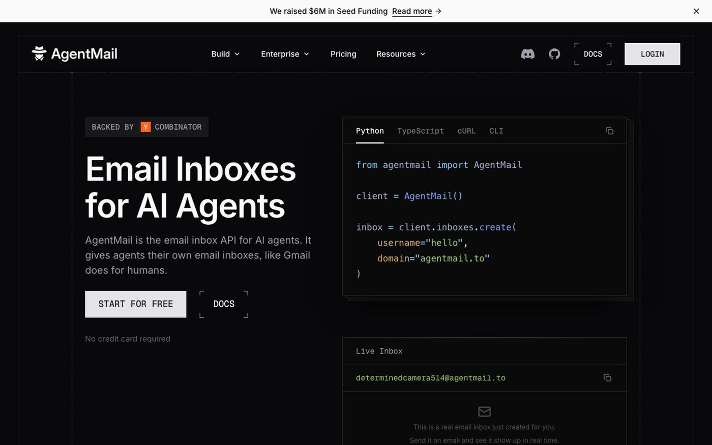 AgentMail | Email Inbox API for AI Agents — screenshot