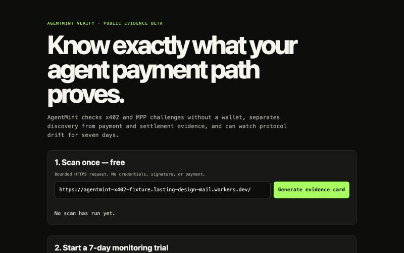 AgentMint Verify — payment-path evidence for AI agents — screenshot