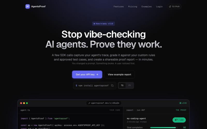 AgentsProof — One decorator. A shareable eval report. — screenshot