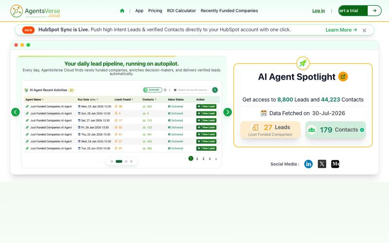 Leads Engine: Real-Time Funding Signals & Verified Contacts | AgentsVerse Cloud — screenshot