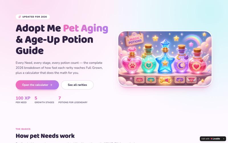 Adopt Me Pet Aging Guide 2026 — Needs & Age-Up Potions — screenshot