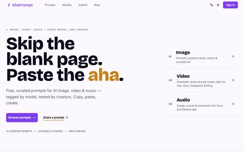 AhaPrompt - AI Prompts for Images, Video & Audio — Every Model, One Library — screenshot
