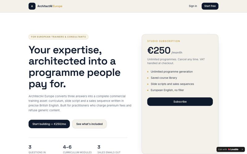 ArchitectAI Europe — Premium AI Course Studio — screenshot