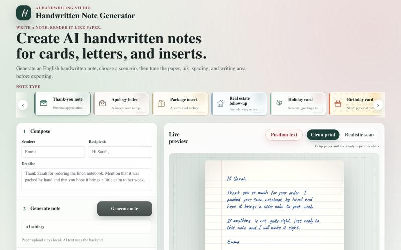 Handwritten Note Generator | Hand Written & Text to Handwriting — screenshot