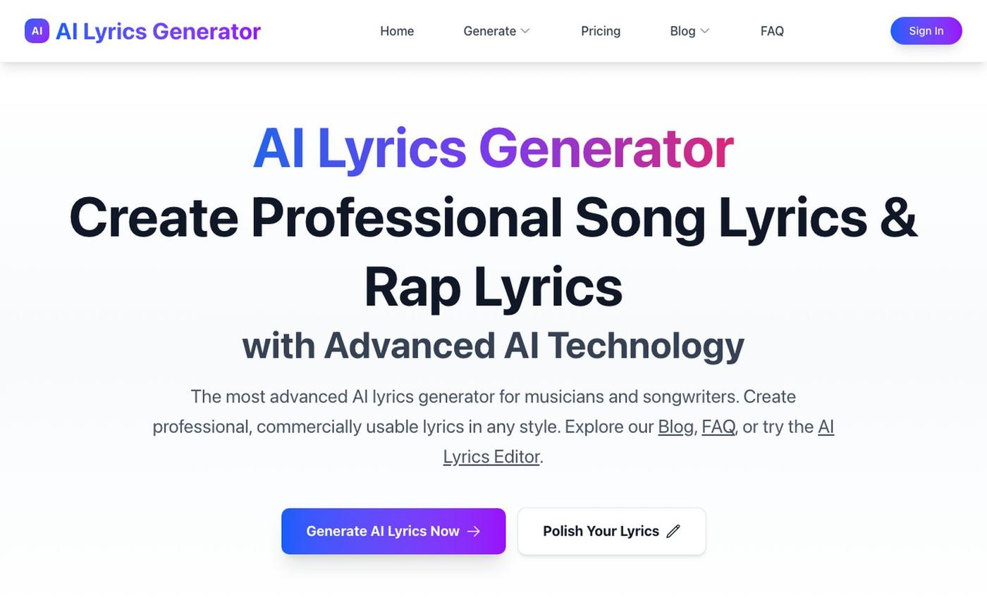 Best Free AI Lyrics Generator - Create Professional Lyrics in Seconds — screenshot