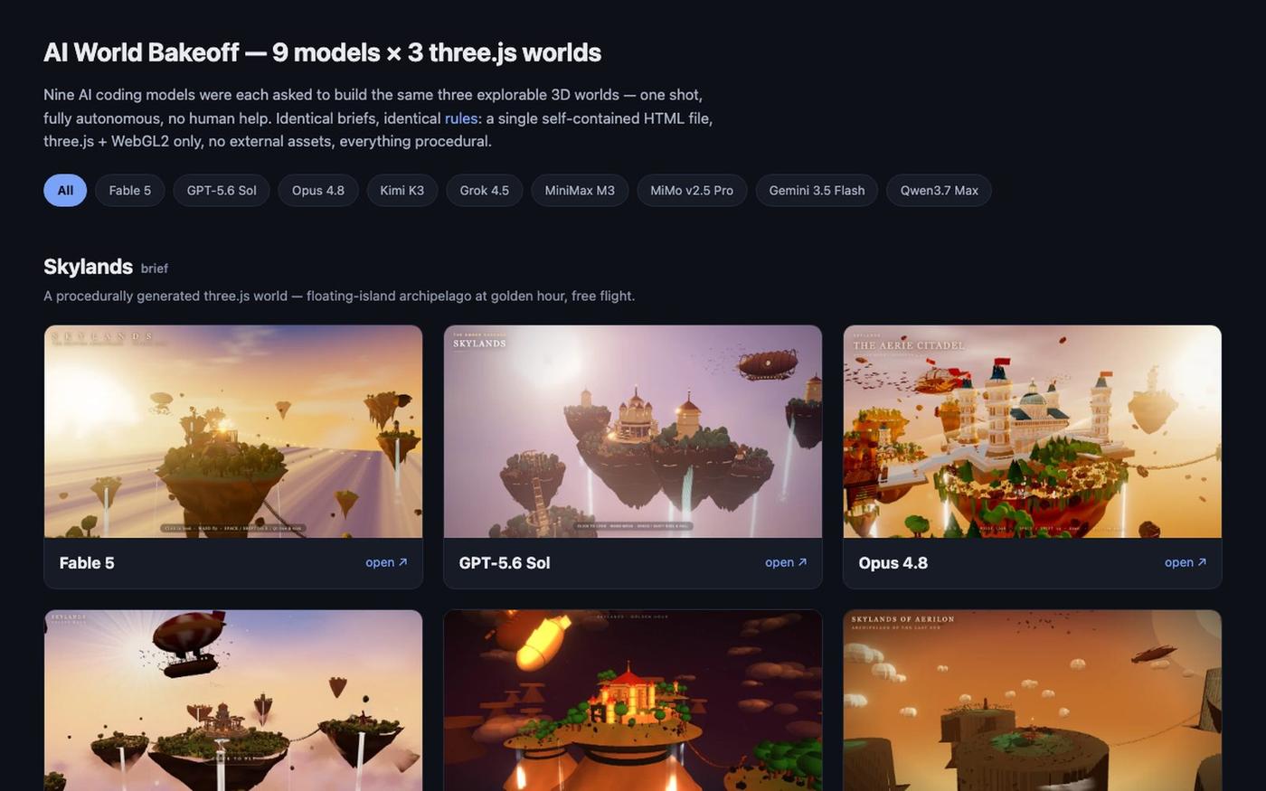 AI World Bakeoff — 9 models × 3 three.js worlds — screenshot