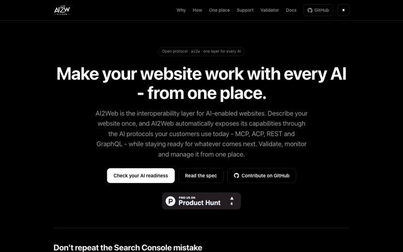 AI2Web - Make your website work with every AI, from one place — screenshot