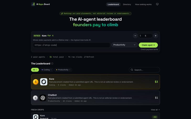 AI Apps Board — Paid AI agent leaderboard — screenshot